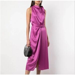 NWOT Nanushka Kalila Hot Pink High Neck Cinched Waist Satin Maxi Dress Women's S
